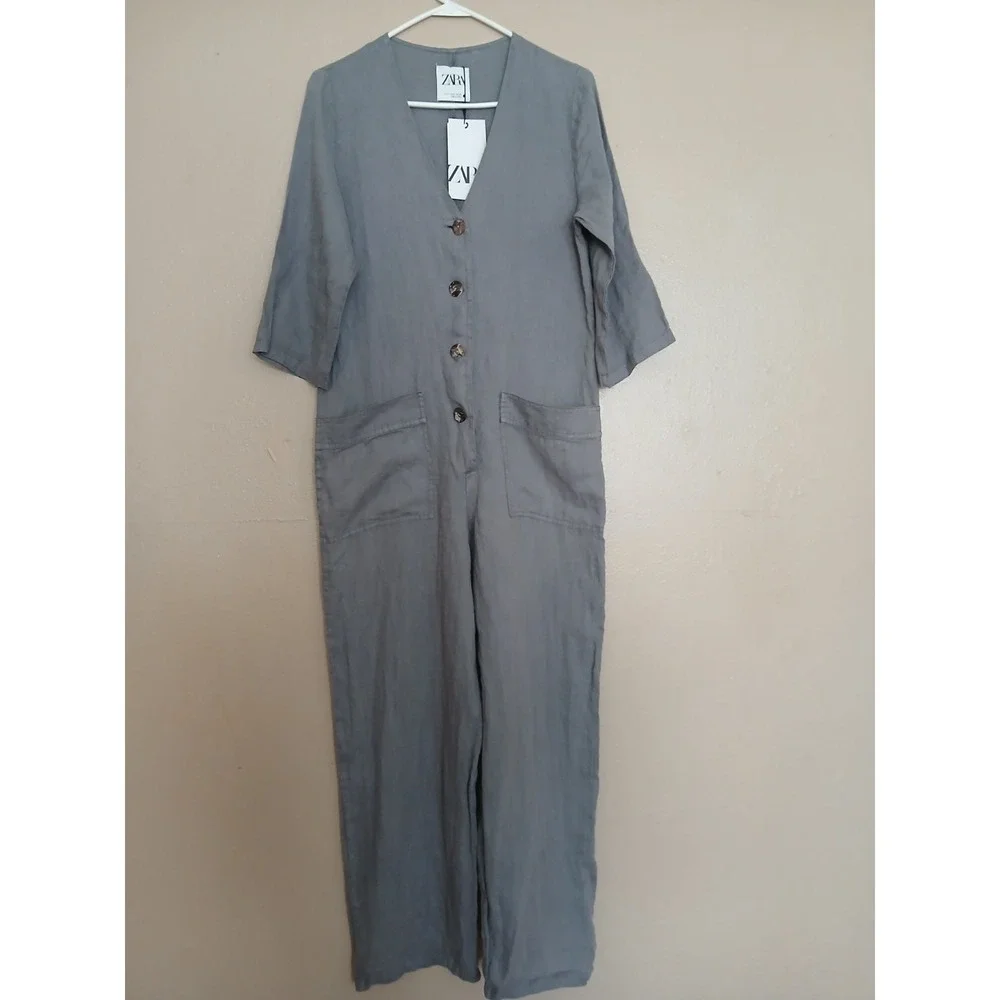 Zara Jumpsuit Small 100 Linen Relaxed Fit Lagenlook Minimalist Bohemian New